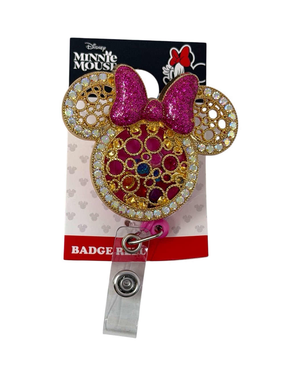 Disney Minnie Mouse Gold w/pink sparkly bow filled w/colorful beads Badge Reel